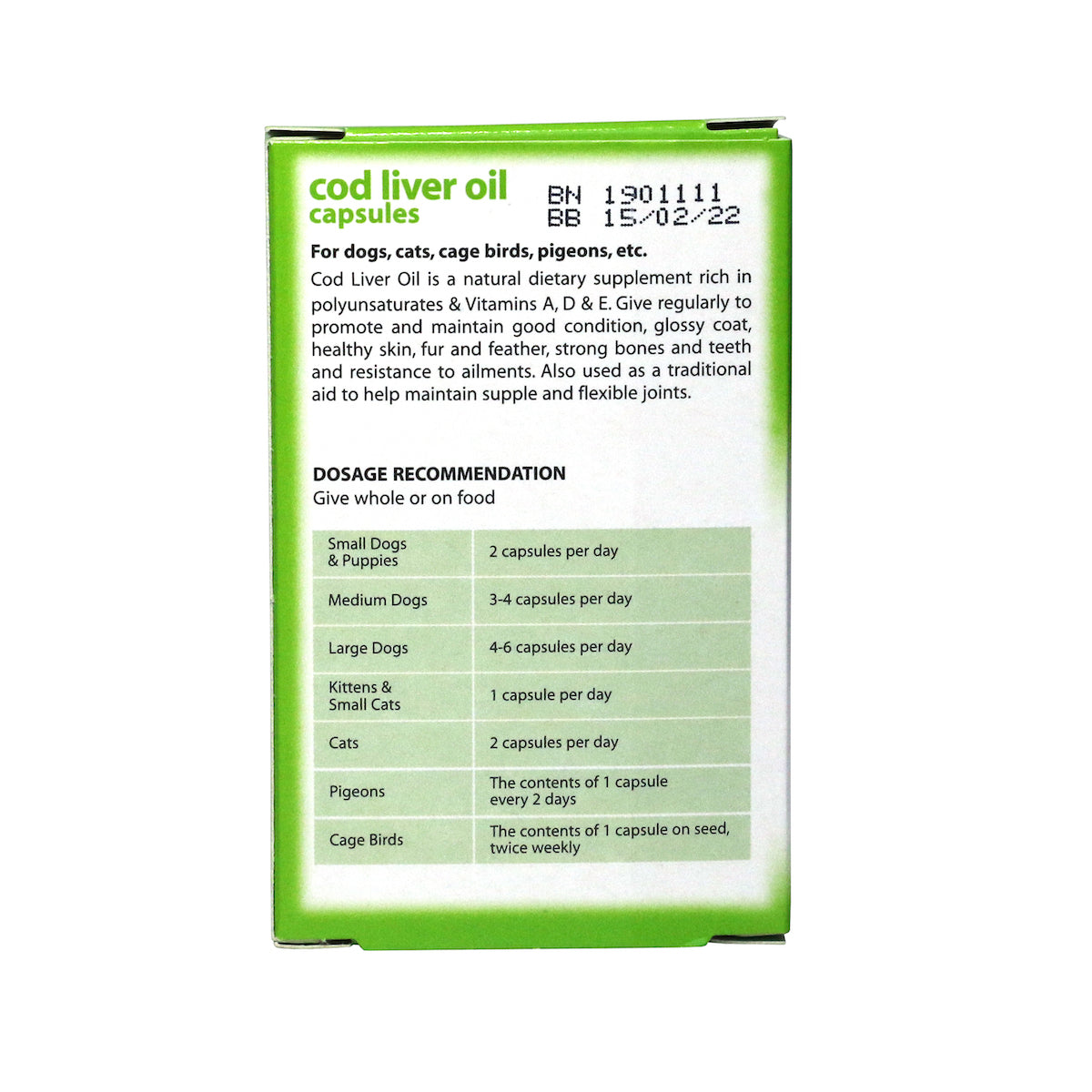Johnsons Cod Liver Oil Capsules for Dogs/Cats/Cage birds/Pigeons 40 capsules