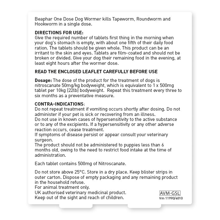 Beaphar One Dose Worming Tablets for Dogs