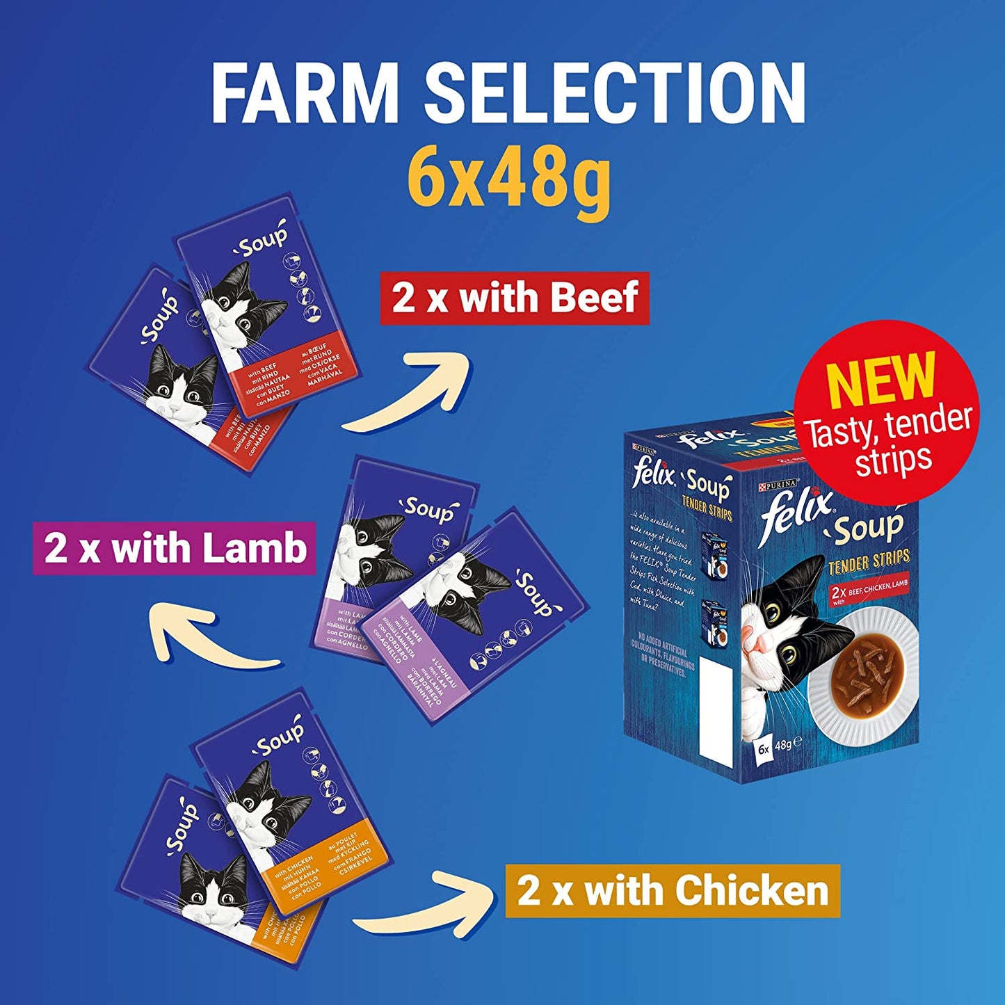 Felix Adult Soup Tender Strips with Beef, Chicken and Lamb Wet Cat Food 6 x 48g