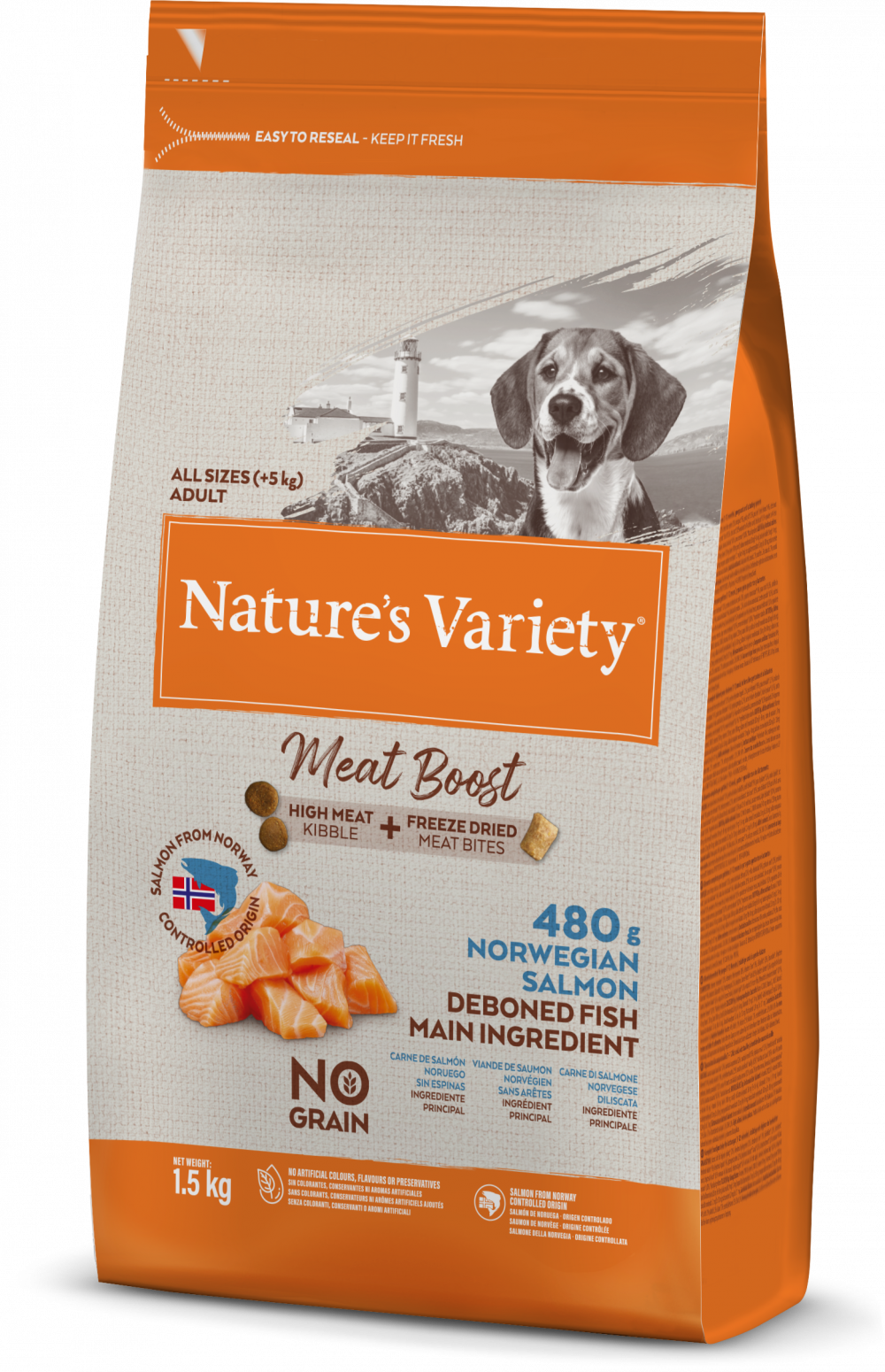 Nature's Variety Meat Boost Norwegian Salmon Adult Dry Dog Food 1.5Kg