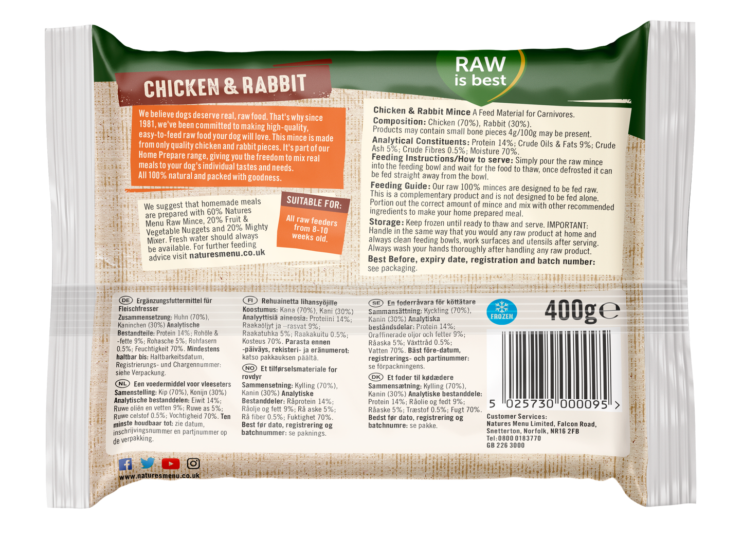 Natures Menu Frozen Just Chicken and Rabbit Mince Dog Food 400g