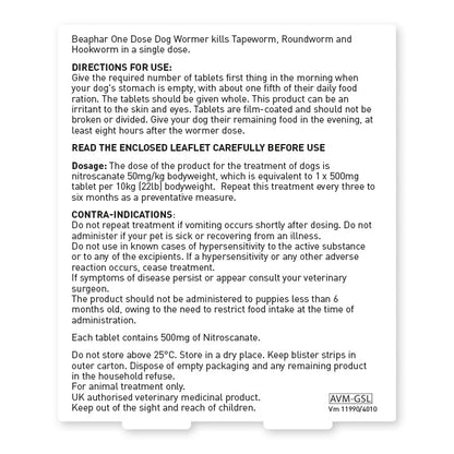 Beaphar One Dose Worming Tablets for Dogs