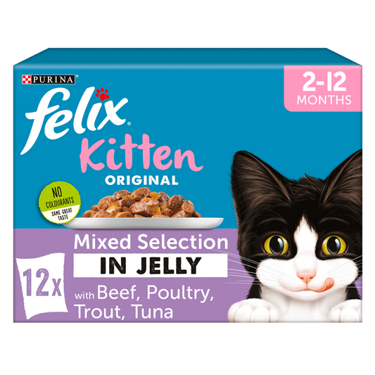 Felix Original Kitten Mixed Selection in Jelly (Beef, Poultry, Trout, Tuna) Wet Cat Food 12 x 100g