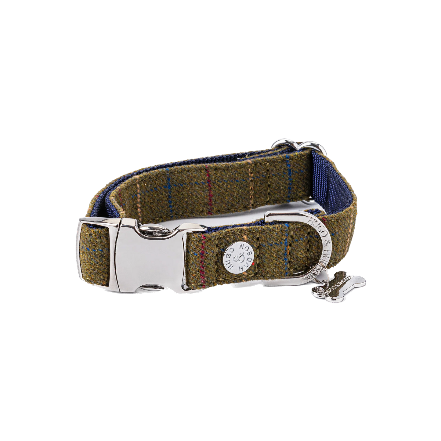 Hugo & Hudson Tweed Metal Buckle Dog Collar Dark Green Checked Medium (34-49cm)