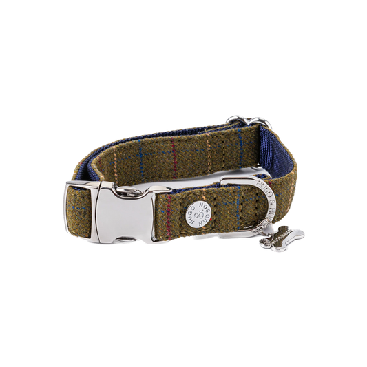 Hugo & Hudson Tweed Metal Buckle Dog Collar Dark Green Checked Medium (34-49cm)