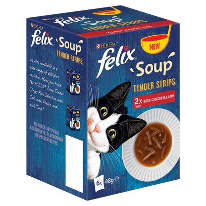 Felix Adult Soup Tender Strips with Beef, Chicken and Lamb Wet Cat Food 6 x 48g