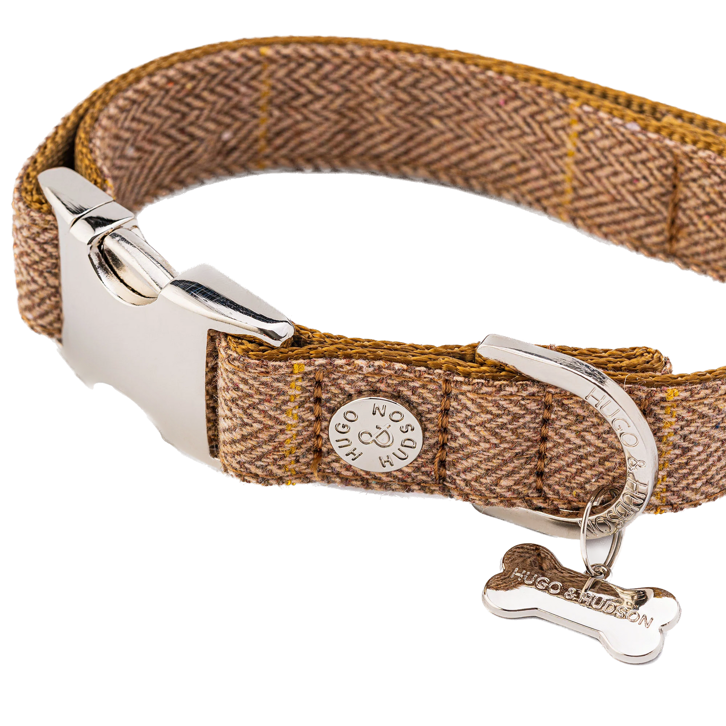 Hugo & Hudson Tweed Metal Buckle Dog Collar Caramel Checked Extra Small
