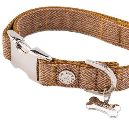 Hugo & Hudson Tweed Metal Buckle Dog Collar Caramel Checked Extra Small