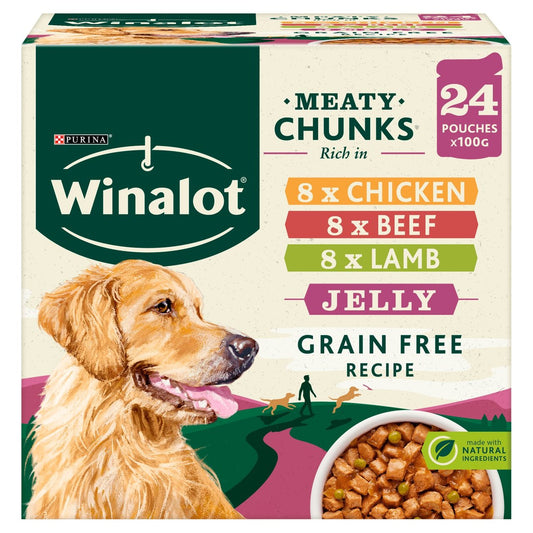 Winalot Adult Meaty Chunks Mixed in Jelly (Beef, Chicken, Lamb) Wet Dog Food 24 x 100g