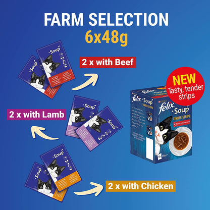 Felix Adult Soup Tender Strips with Beef, Chicken and Lamb Wet Cat Food 6 x 48g