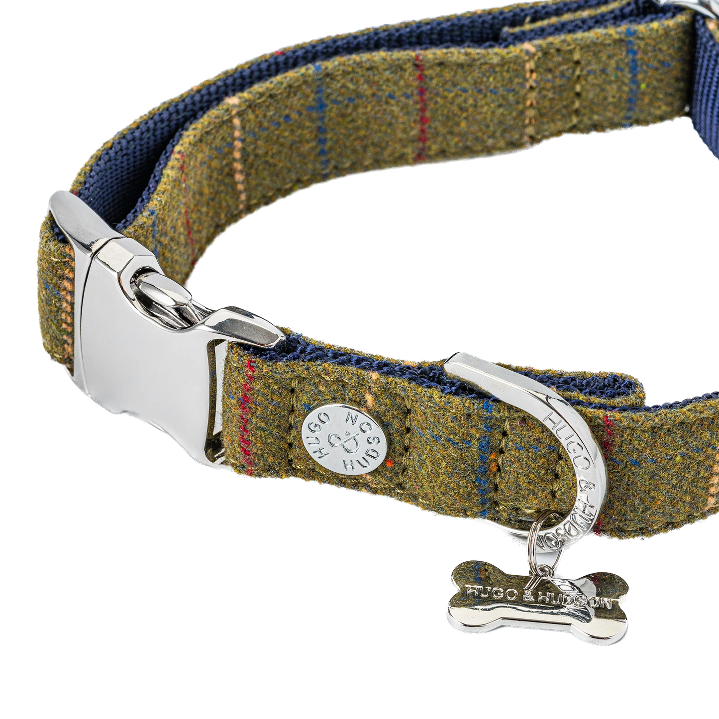 Hugo & Hudson Tweed Metal Buckle Dog Collar Dark Green Checked Medium (34-49cm)