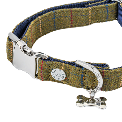 Hugo & Hudson Tweed Metal Buckle Dog Collar Dark Green Checked Medium (34-49cm)