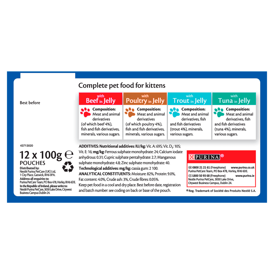 Felix Original Kitten Mixed Selection in Jelly (Beef, Poultry, Trout, Tuna) Wet Cat Food 12 x 100g