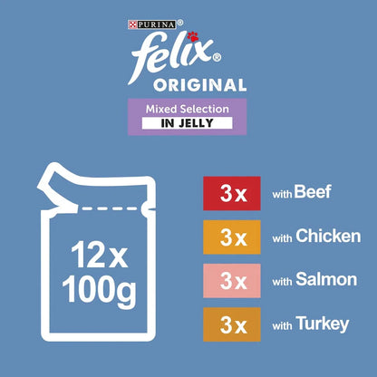 Felix Senior Original 7+ Mixed Selection in Jelly (Beef, Chicken, Salmon, Turkey) Wet Cat Food