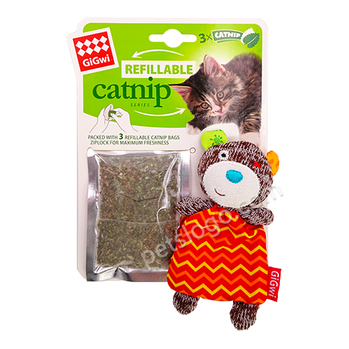 GiGwi Refillable Bear Ziplock Cat Toy With x3 Catnip Bags Red
