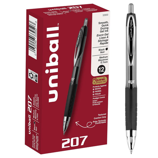 Uni-Ball 207 Retractable Gel Pens 0.7mm Black Ink Pack of 12