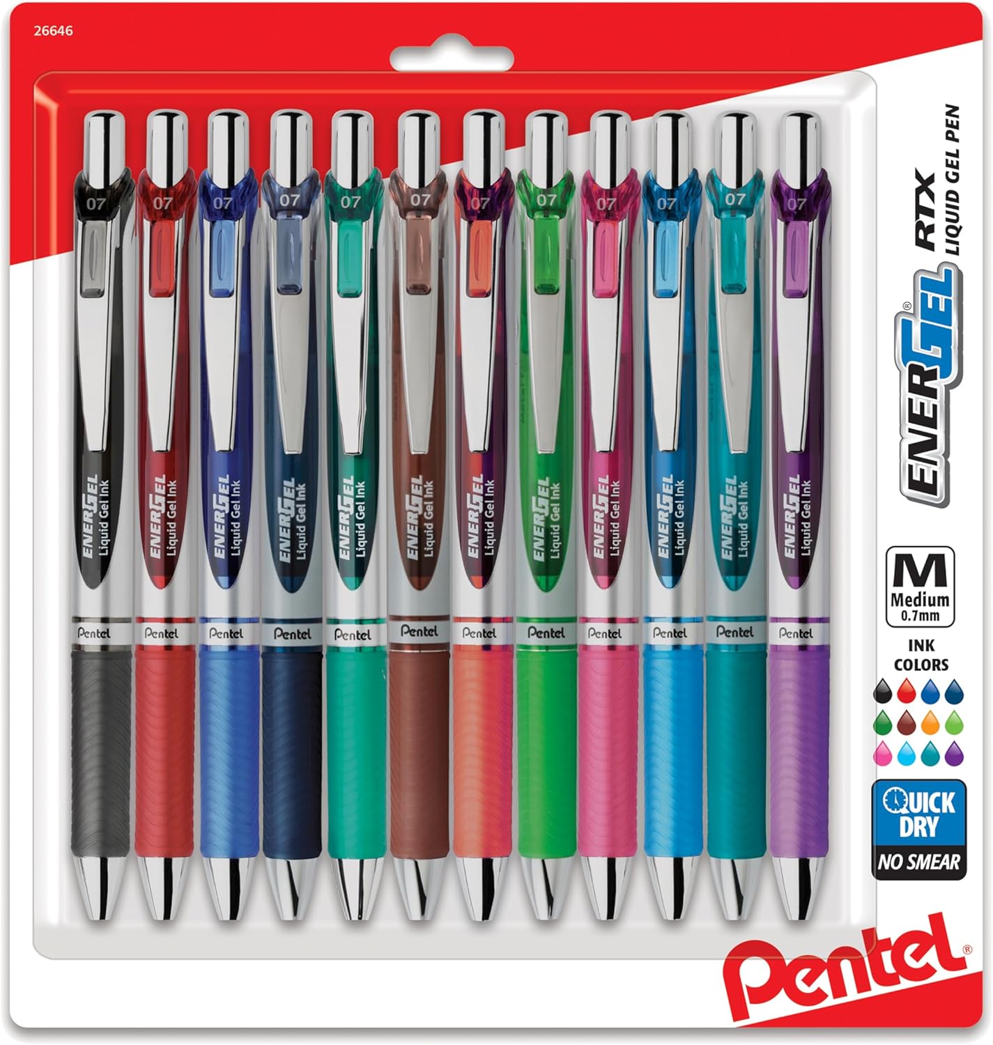 Pentel EnerGel RTX Retractable Liquid Gel Pen 0.7mm Assorted Ink Pack of 12