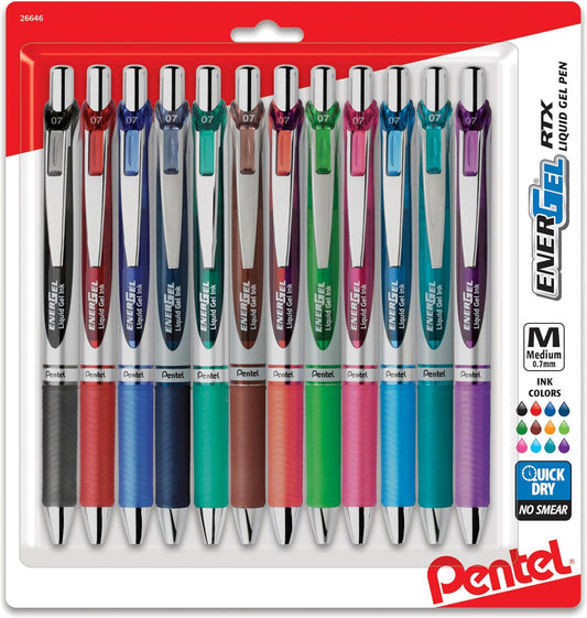 Pentel EnerGel RTX Retractable Liquid Gel Pen 0.7mm Assorted Ink Pack of 12