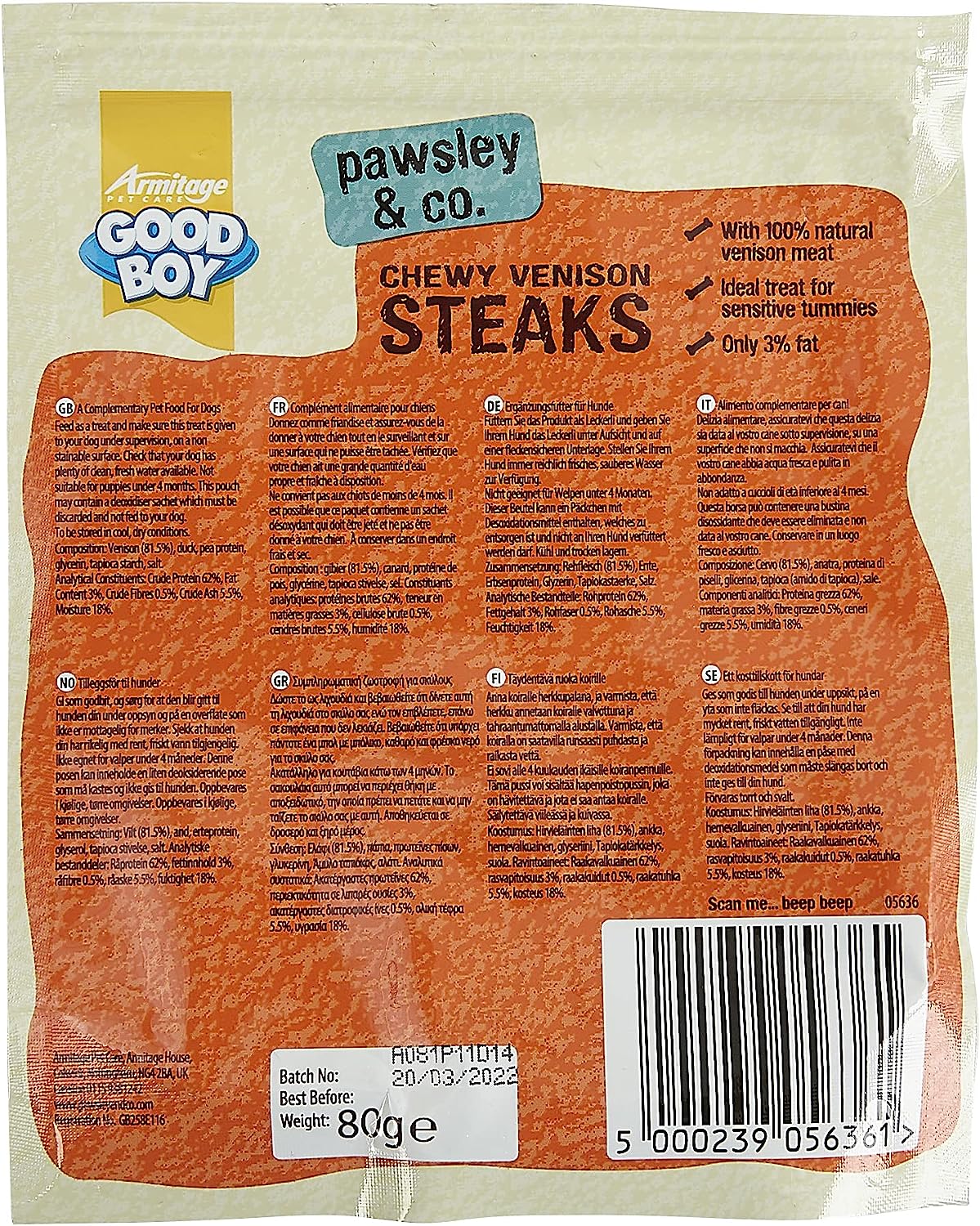 Good Boy Pawsley & Co Chewy Venison Steaks Dog Treats 80g