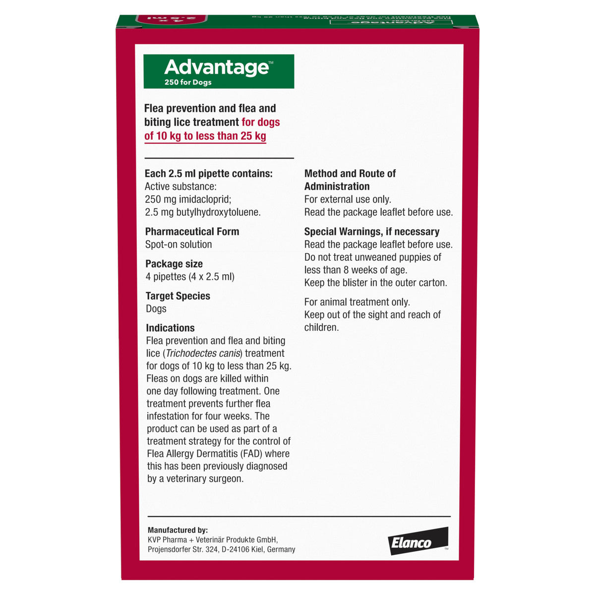 Advantage 250 Spot On Flea Control Large Dog (10-25kg) - 4 Pack