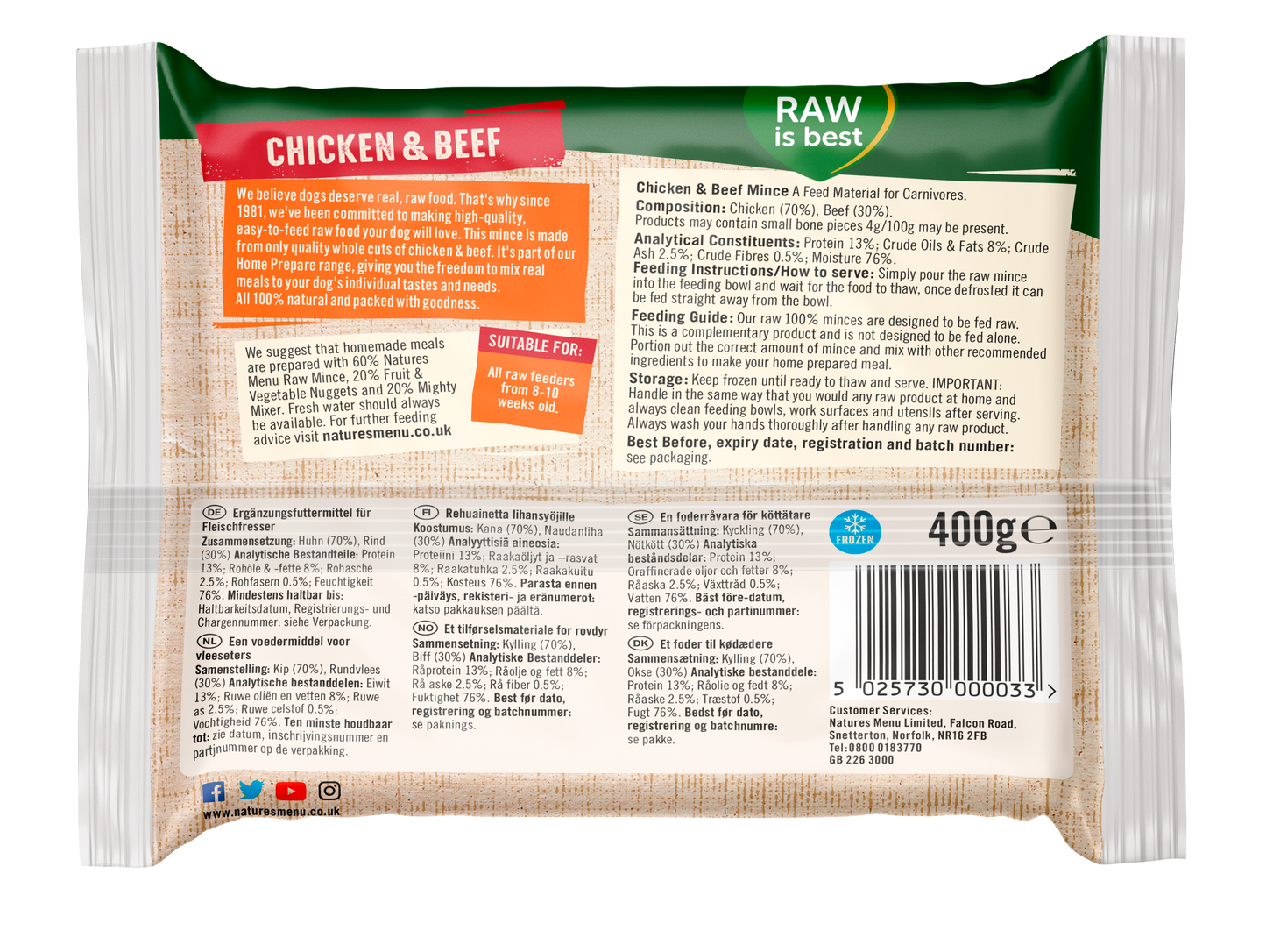 Natures Menu Frozen Chicken and Beef Mince Dog Food 400g
