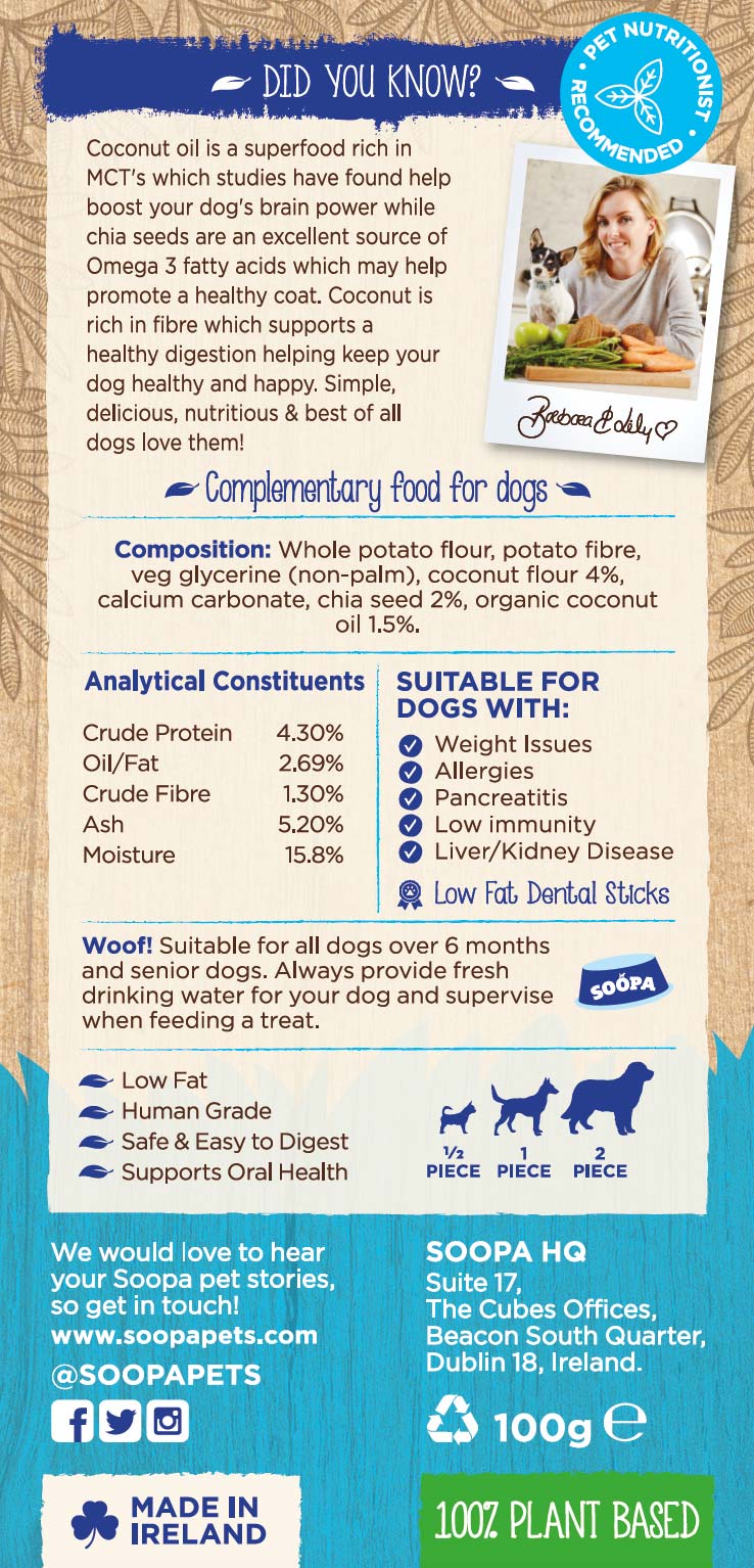 Soopa Single Pack Coconut and Chia Seed Dental Sticks for Dogs 100g