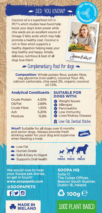 Soopa Single Pack Coconut and Chia Seed Dental Sticks for Dogs 100g