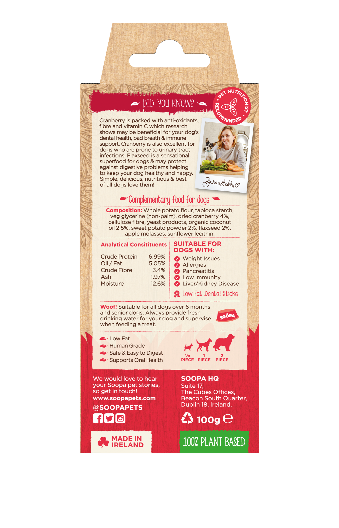 Soopa Single Pack Cranberry and Sweet Potato Dental Sticks for Dogs 100g