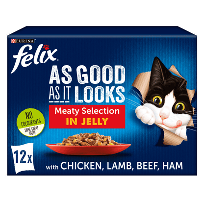 Felix Adult As Good As it Looks Meaty Selection in Jelly (Chicken, Lamb, Beef, Ham) Wet Cat Food 12 x 100g