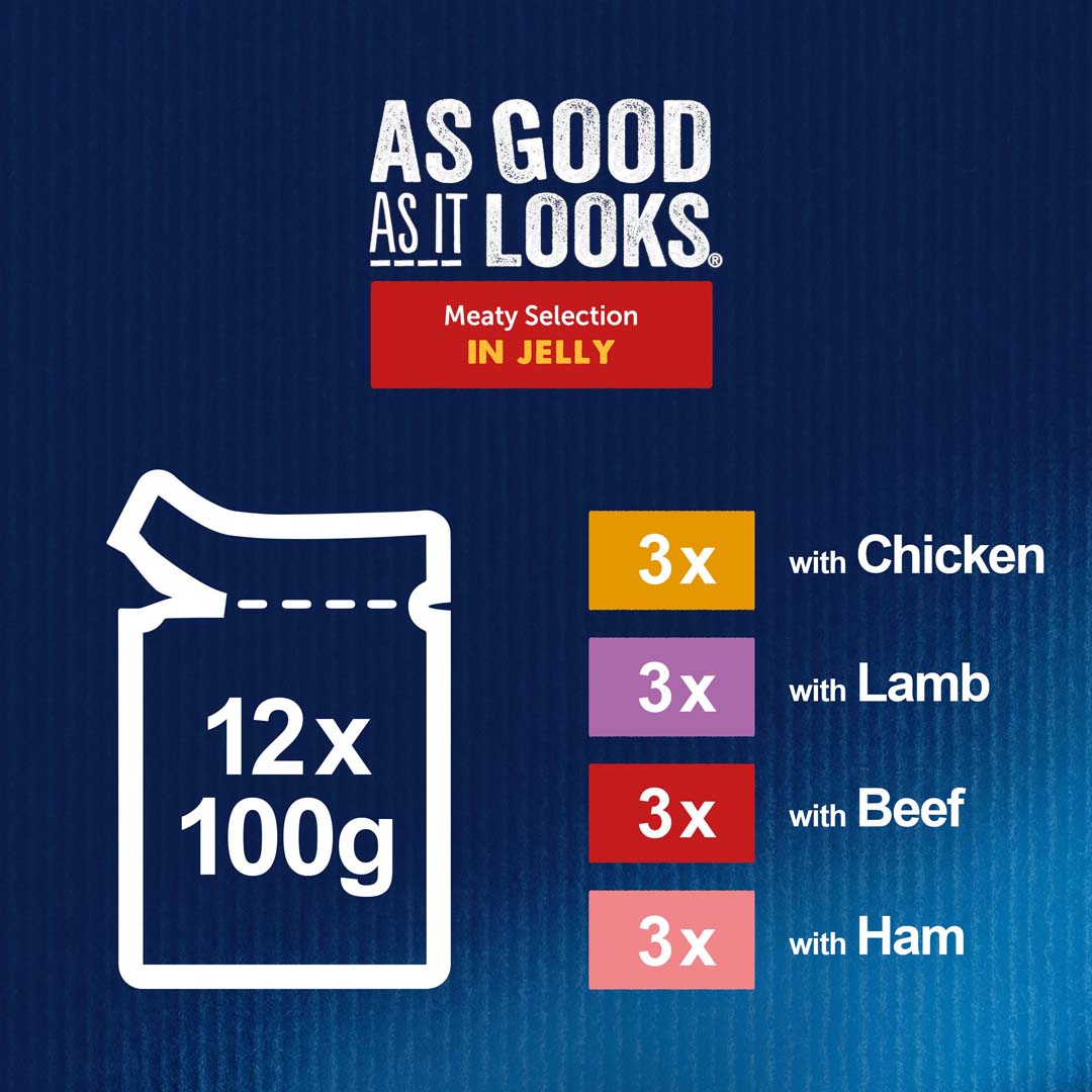 Felix Adult As Good As it Looks Meaty Selection in Jelly (Chicken, Lamb, Beef, Ham) Wet Cat Food 12 x 100g