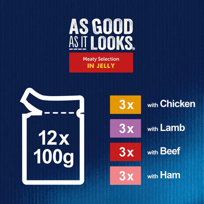 Felix Adult As Good As it Looks Meaty Selection in Jelly (Chicken, Lamb, Beef, Ham) Wet Cat Food 12 x 100g