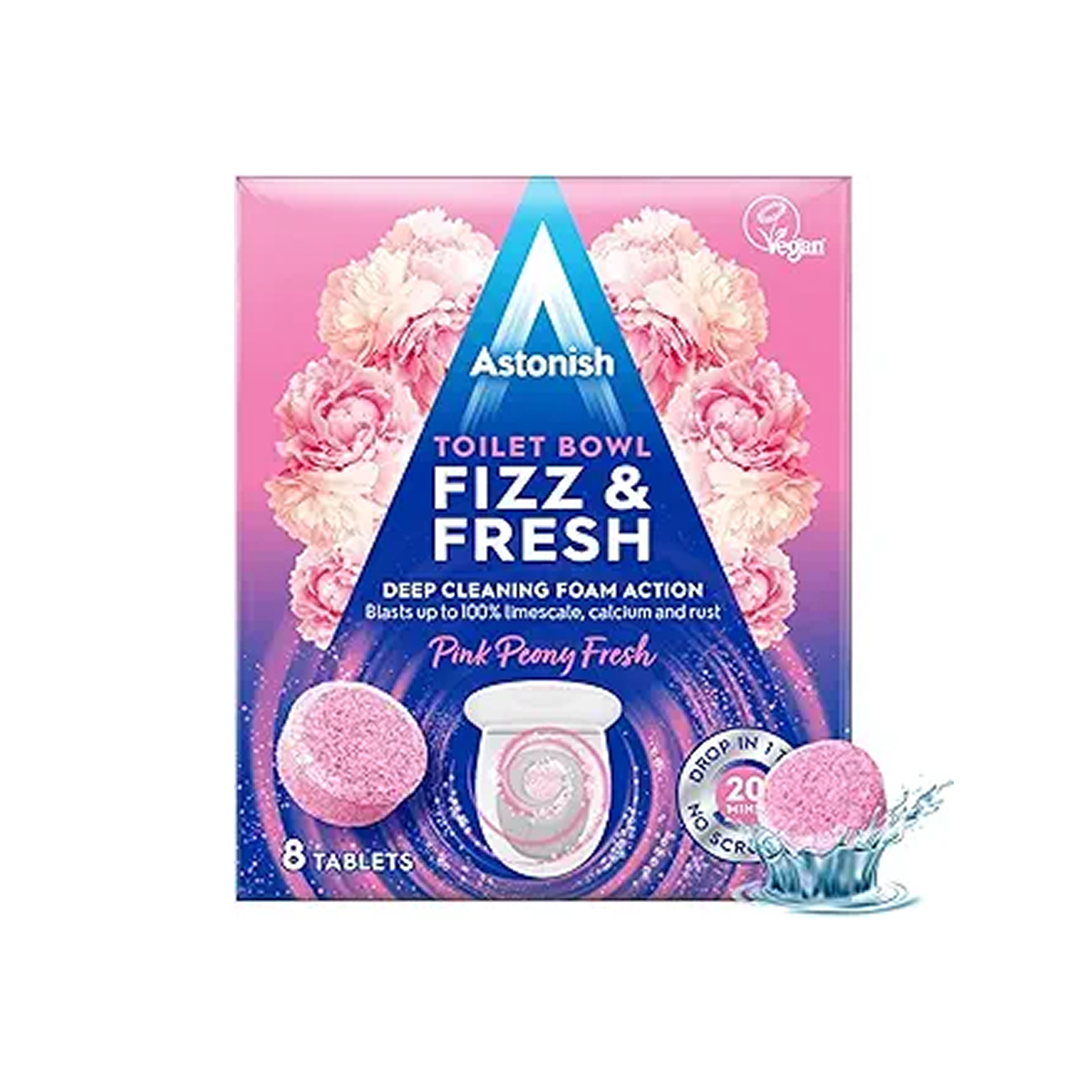 Astonish toilet cleaning foam in tabs, pack of 8 tablets, pink peony scent