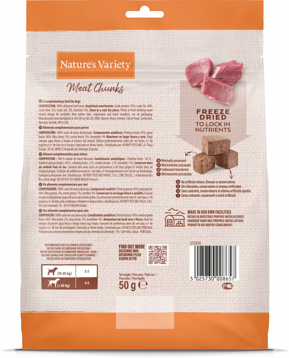 Nature's Variety Complete Freeze Dried Meat Chunks 100% Beef For Adult Medium/Maxi Dog 50g